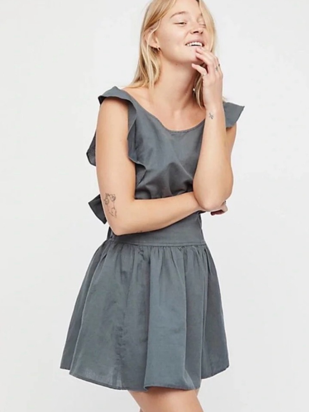 Free People Gray Ruffle Sleeve Mini Dress- Open Back w/ Tie Feature. Size M